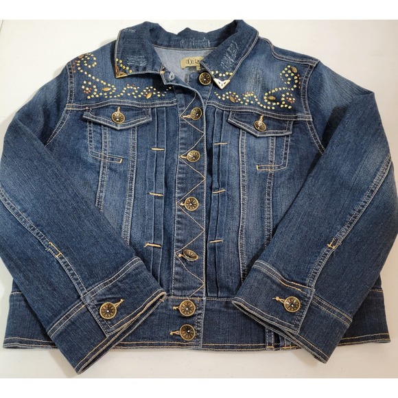 Democracy Denim Jacket Womens Size Large Silver Studded Button 0251 - Picture 1 of 12